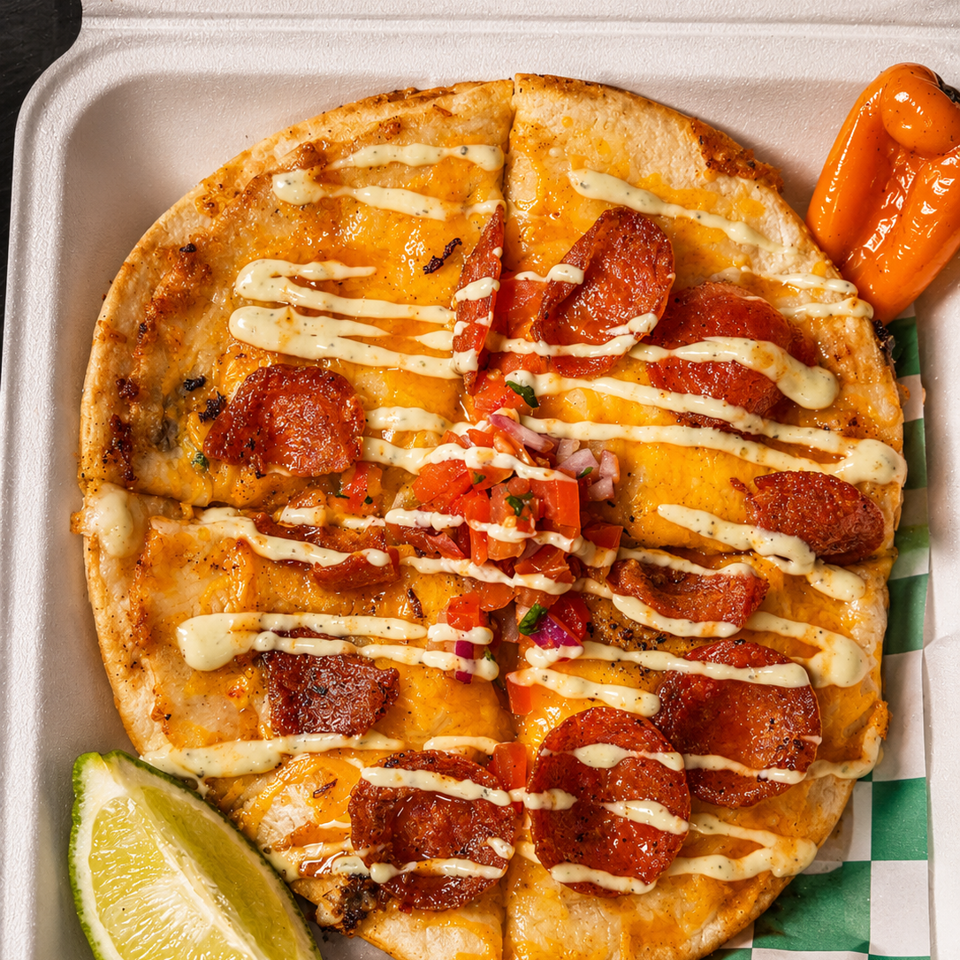 Cheesy pepperoni quesadilla topped with creamy sauce, diced tomatoes and onions, served with lime wedge and roasted peppers in a takeout box.